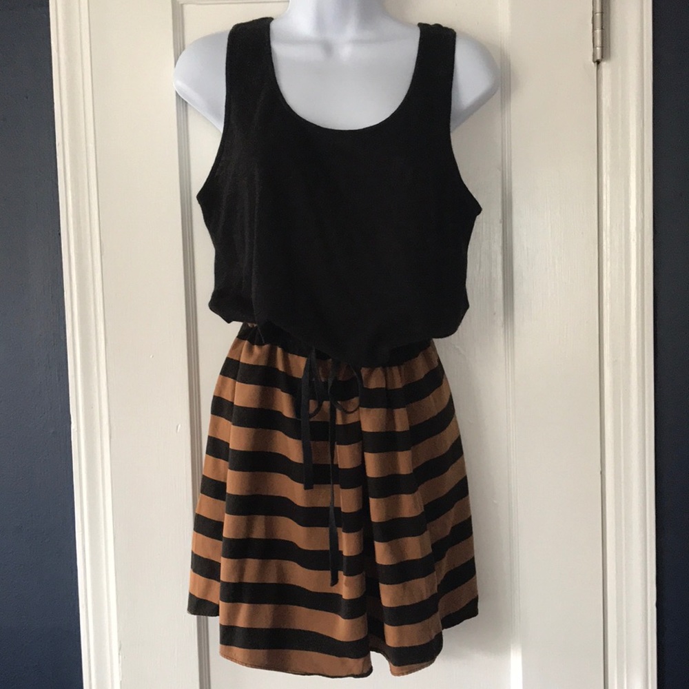 SOLD! LOFT Black Tan Striped Sleeveles Dress